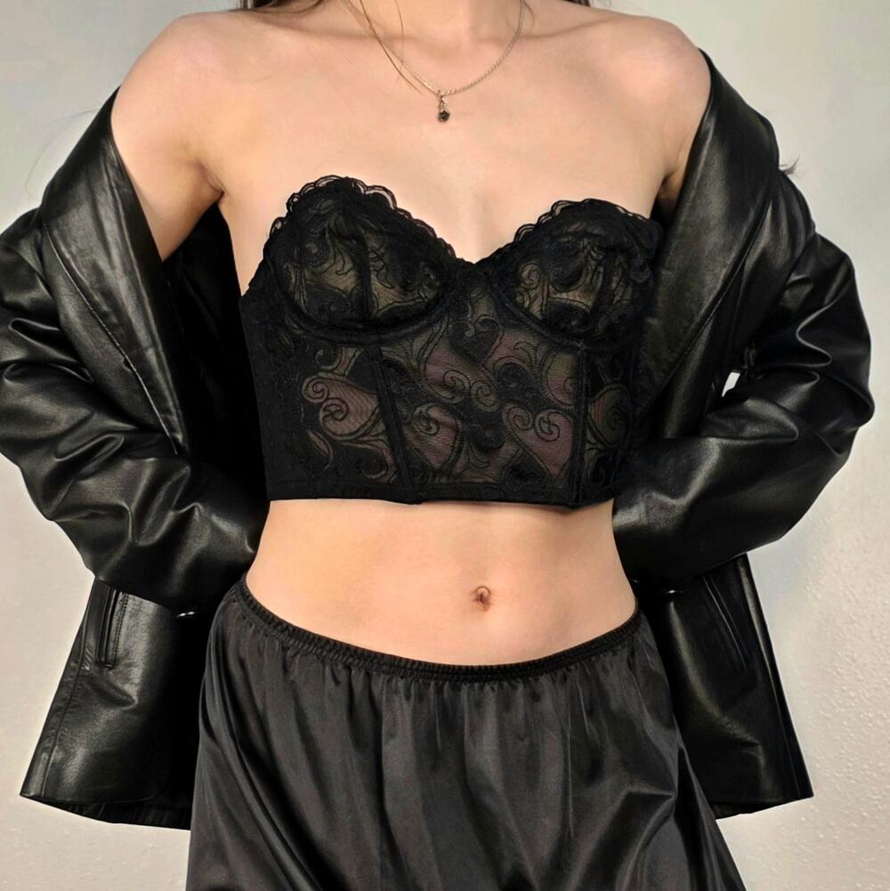 Black Lace Longline Corset Bustier 34A Sheer Mesh Dark Romantic